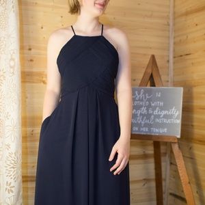 Navy Blue Floor Length Halter Top Bridesmaid Dress